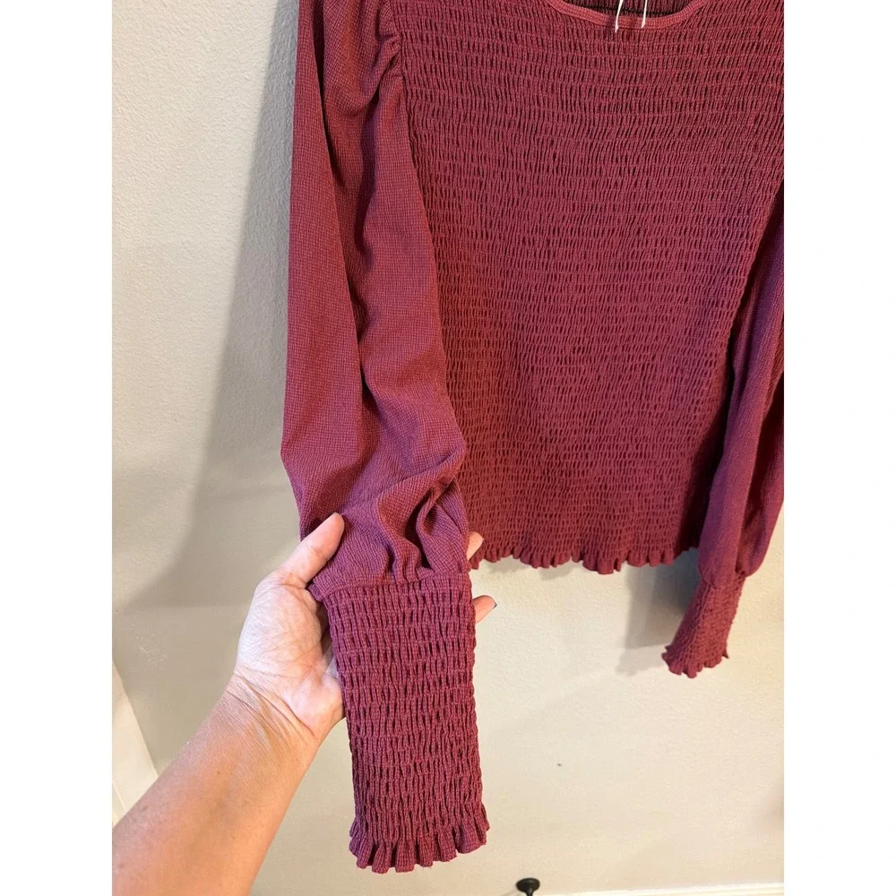 Anthropologie Smocked Blouse Women XL Berry Puff Sleeve Ruffle Top Winter